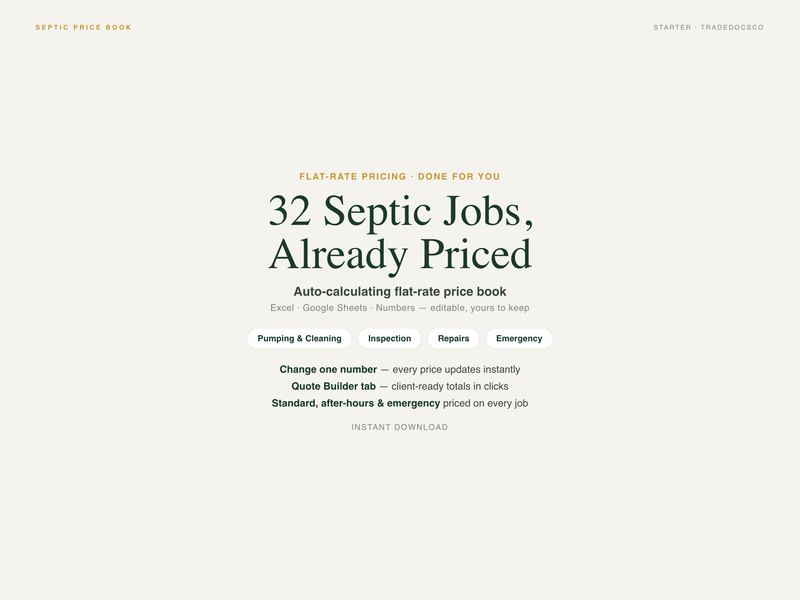 Septic Price Book — product overview title card