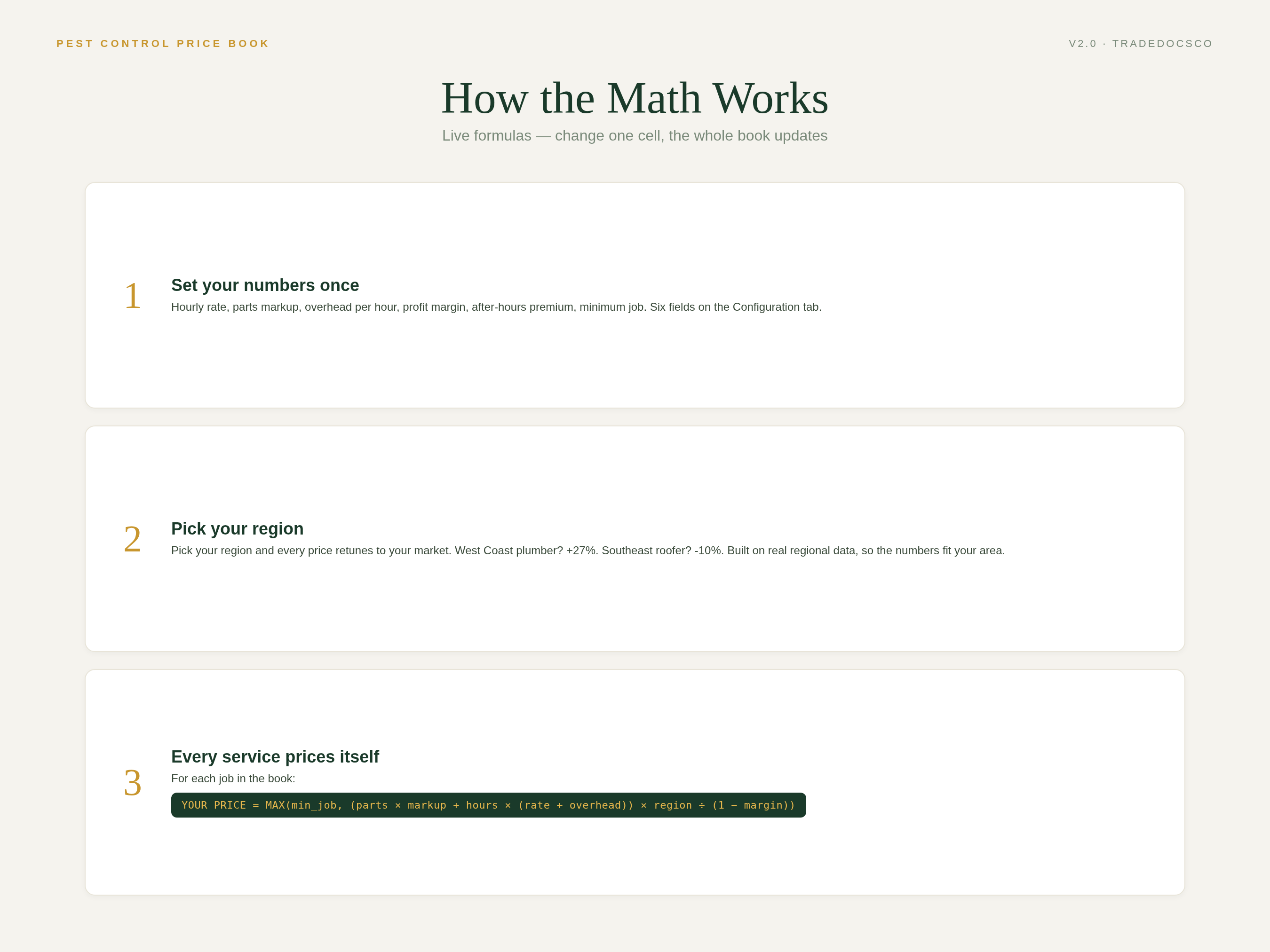 Pest Control Business Bundle — three-step pricing calculation workflow