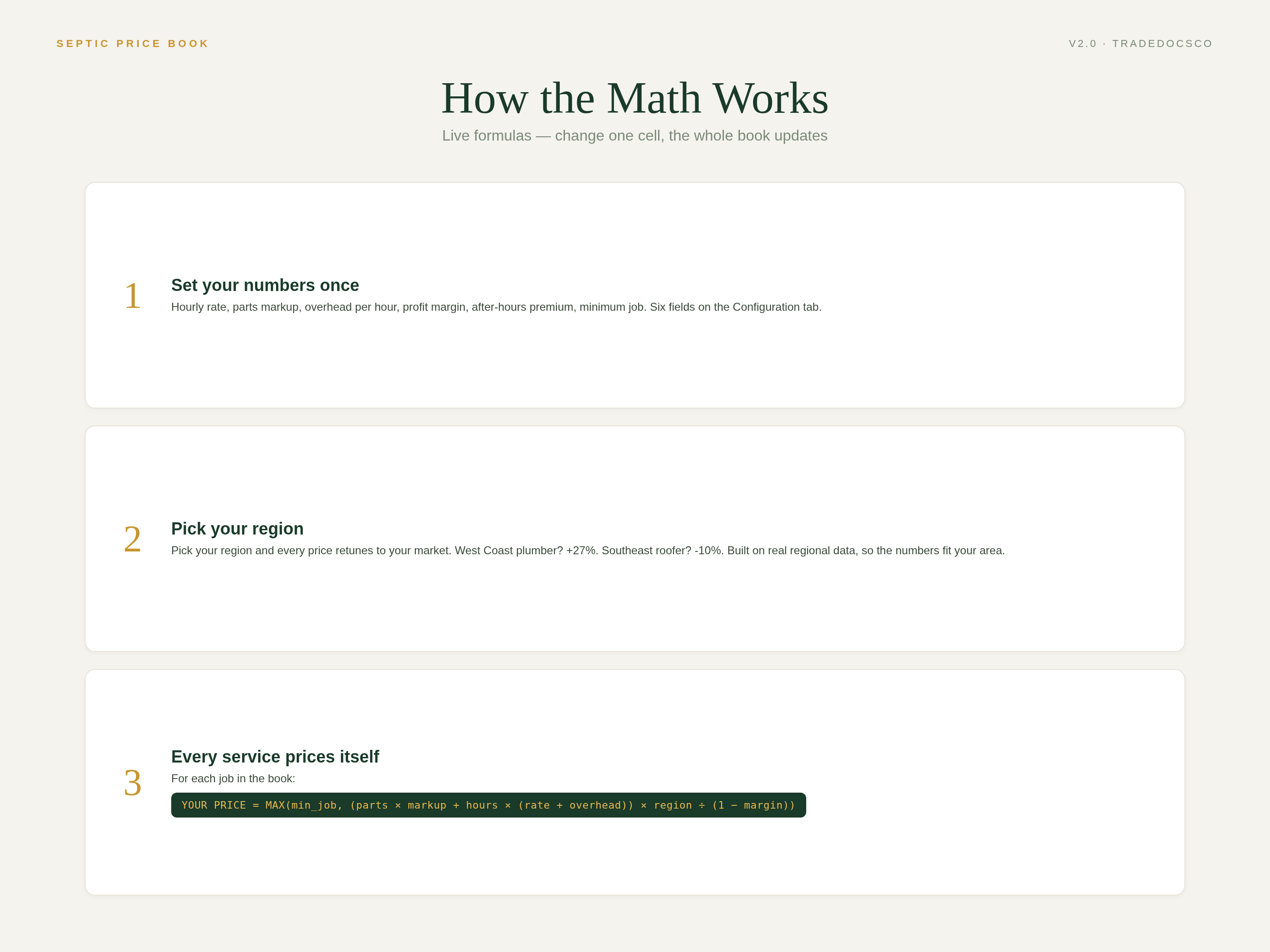 Septic Business Bundle — three-step pricing calculation workflow