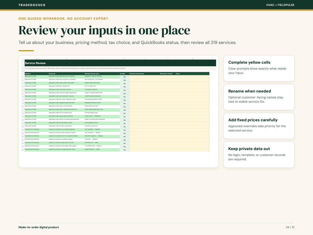 Guided intake and Service Review workbook preview. Enter business, pricing, tax, and QuickBooks details, then review all 219 services by category, service ID, and standard name. Yellow cells let you choose inclusion, add an optional customer-facing name, enter a fixed-price override, and add notes; approved overrides take priority. No account export, login, FieldPulse template, or customer records required.