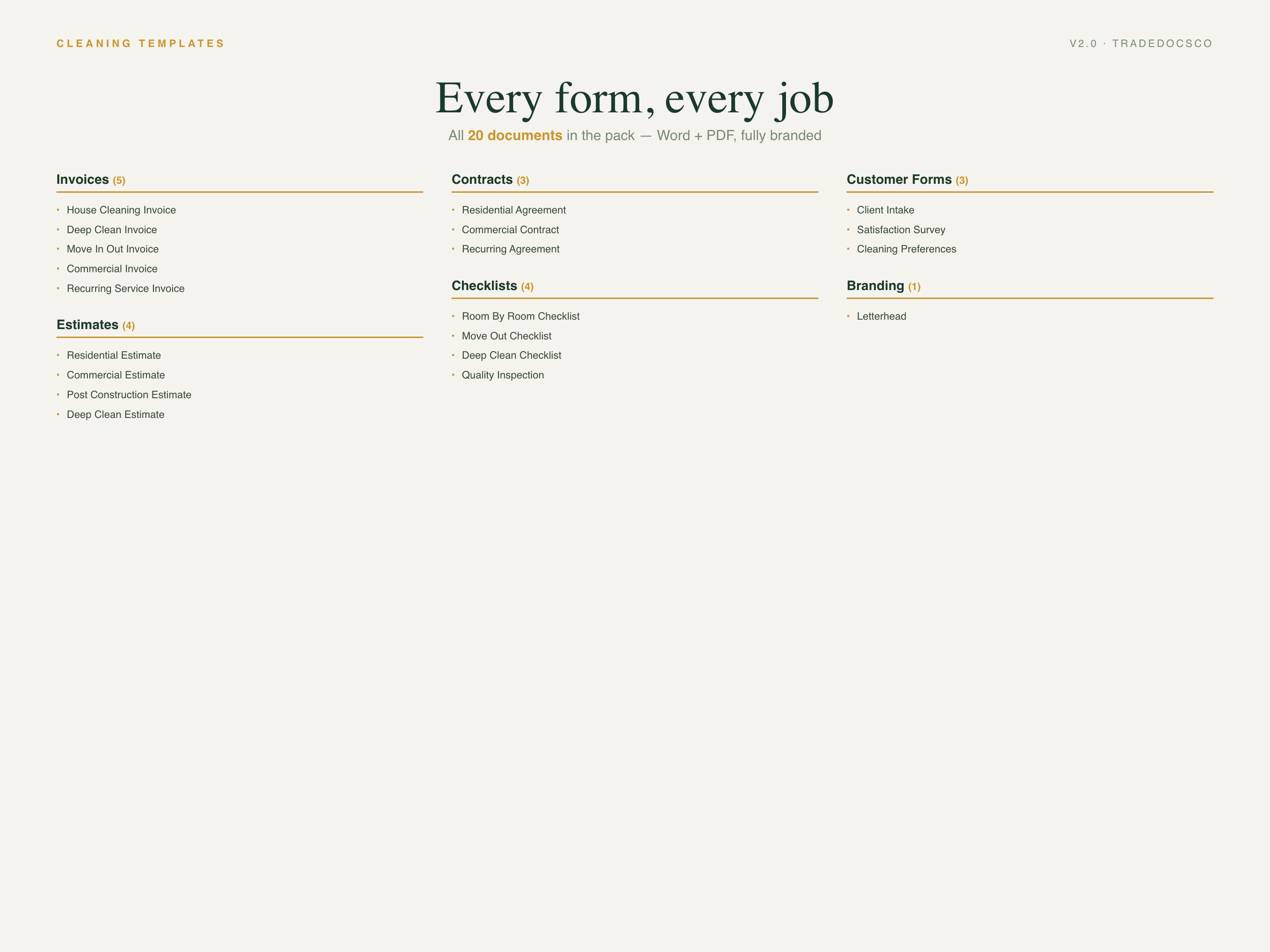 Cleaning Contractor Forms — full service list