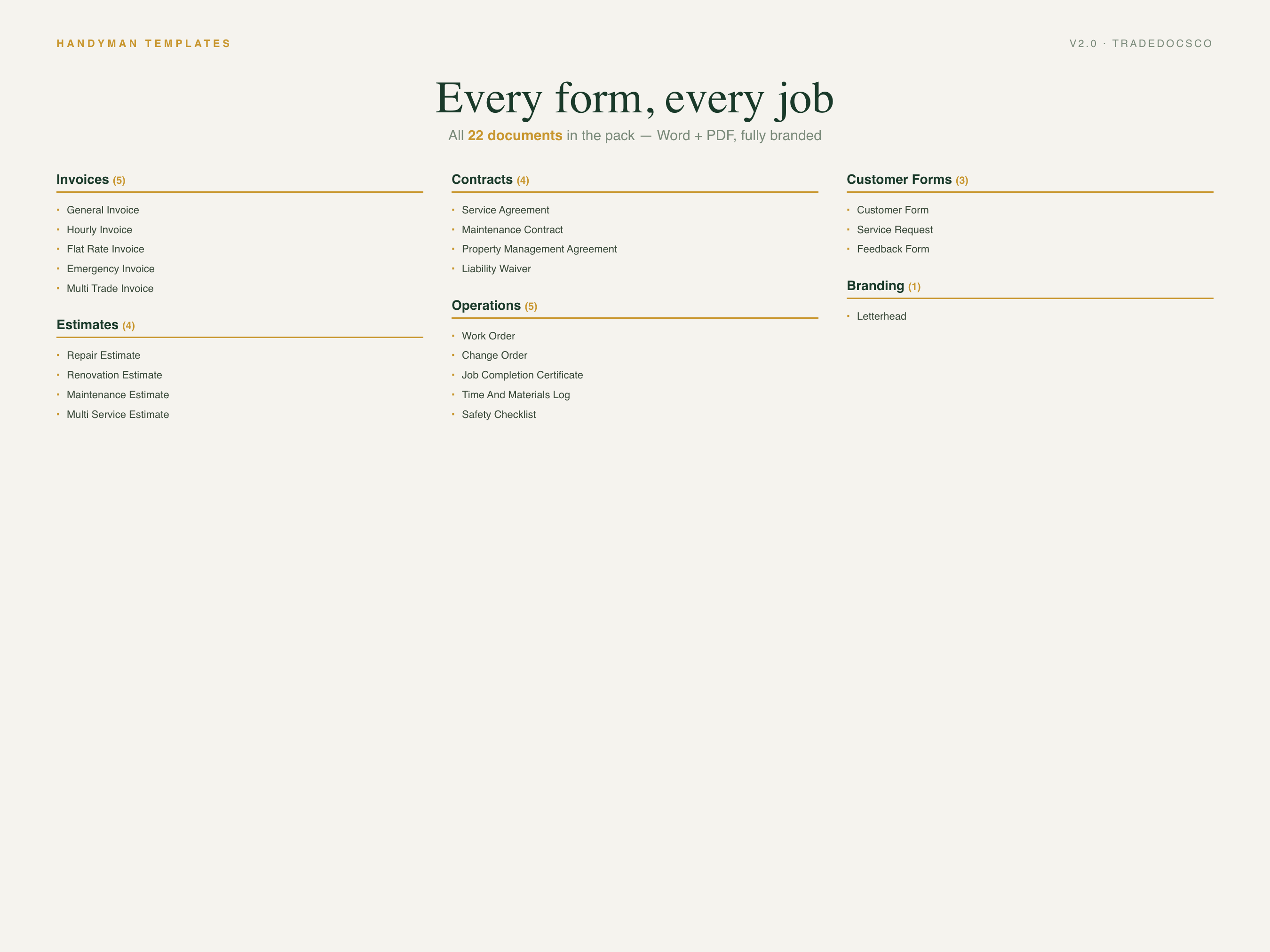Handyman Contractor Forms — full service list