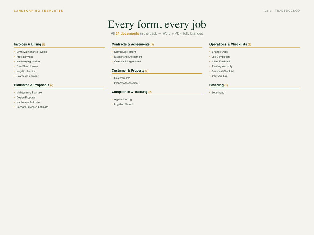 Landscaping Contractor Forms — full service list