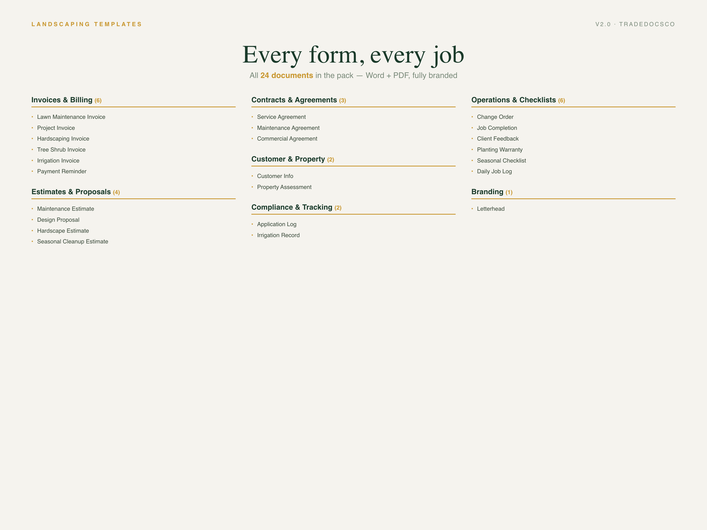 Landscaping Contractor Forms — full service list