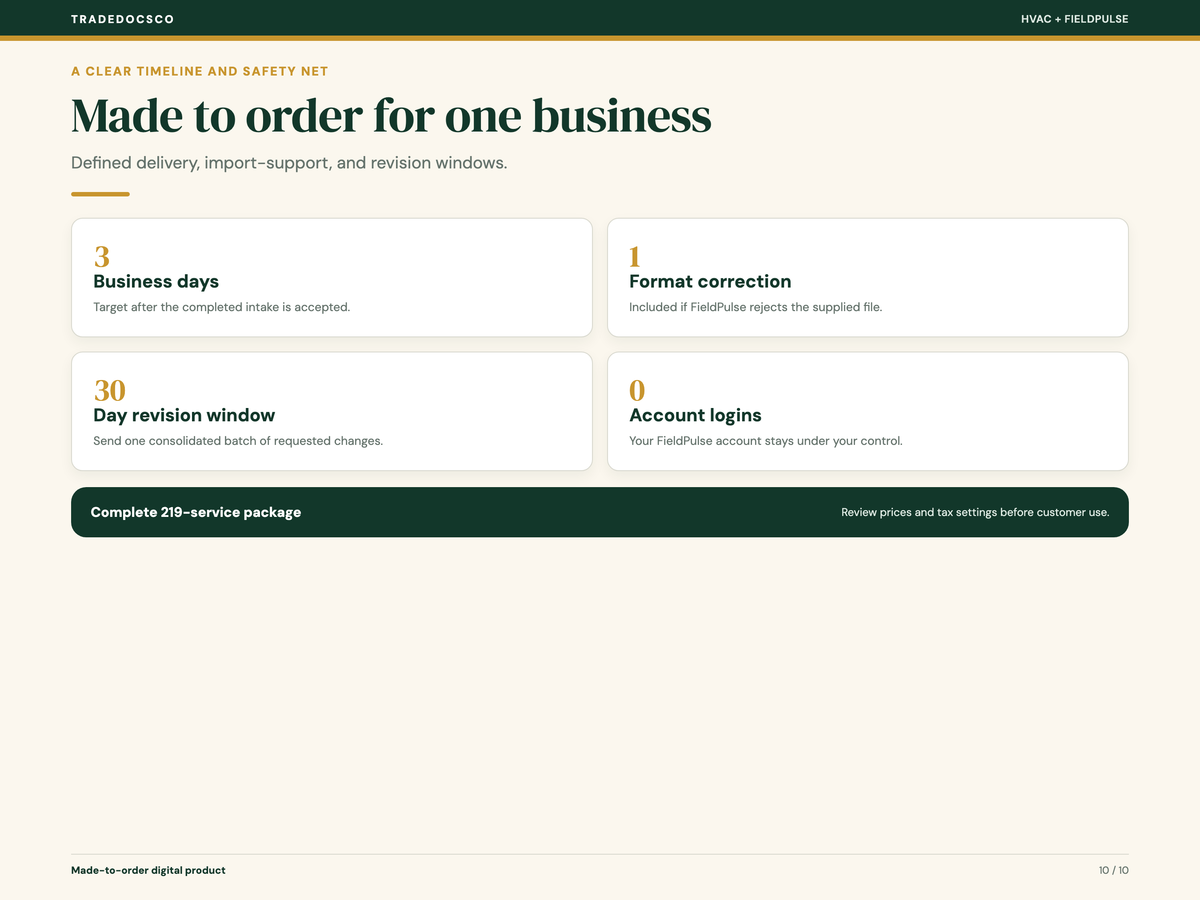 Made-to-order package for one business: three-business-day delivery target after the completed intake is accepted; one format correction if FieldPulse rejects the supplied file; one consolidated revision batch within 30 days; and no account login required. Includes all 219 services. Review prices and tax settings before customer use.